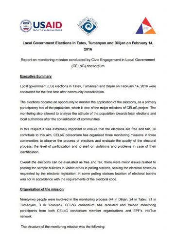 Local Government Elections in Tatev, Tumanyan and Dilijan on February 14, 2016