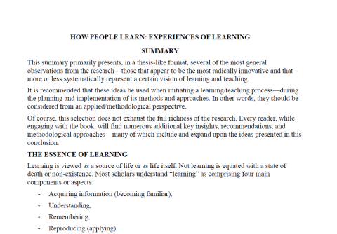 HOW PEOPLE LEARN: EXPERIENCES OF LEARNING  SUMMARY