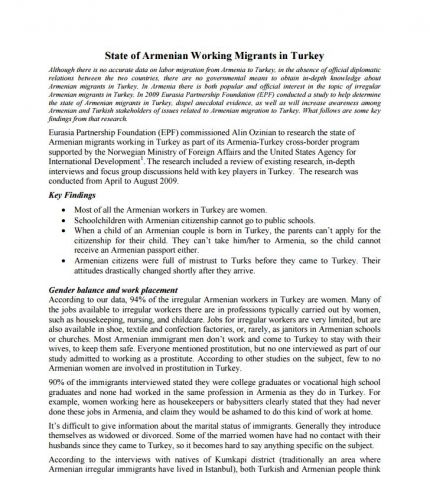 Summary report on state of Armenian irregular migrants in Turkey